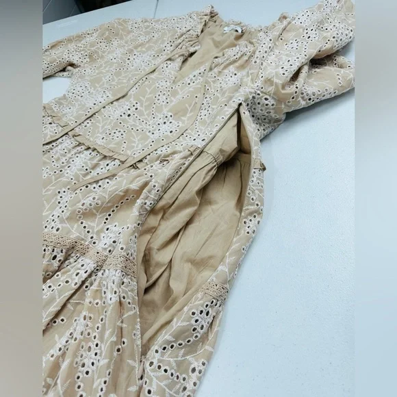 Chico's Eyelet Ruffle Neck Tiered Midi Dress Neutral - Picture 9 of 12